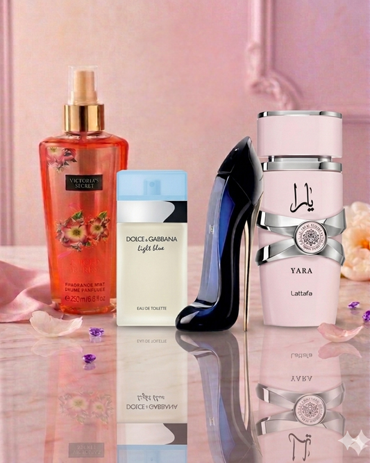 Combo Exclusivo para Dama: Good Girl + Light Blue + Yara + Splash Victoria's Secret + Perfumero Recargable